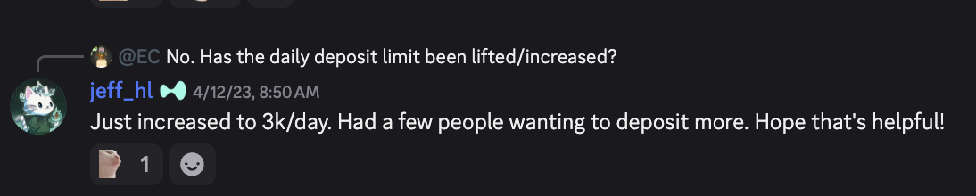 deposit limit increase to 3k/day